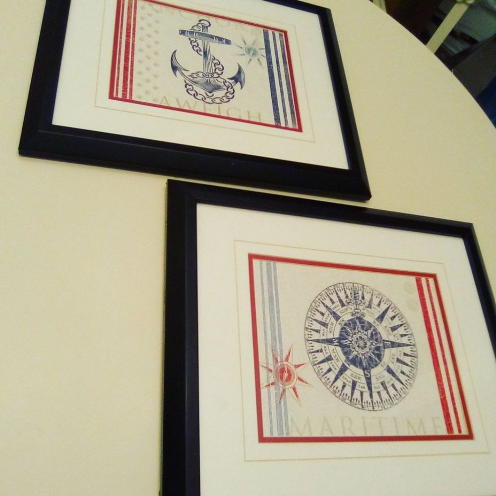 Coastal Navigation compass Maritime Anchors Aweigh prints (2) framed under glass